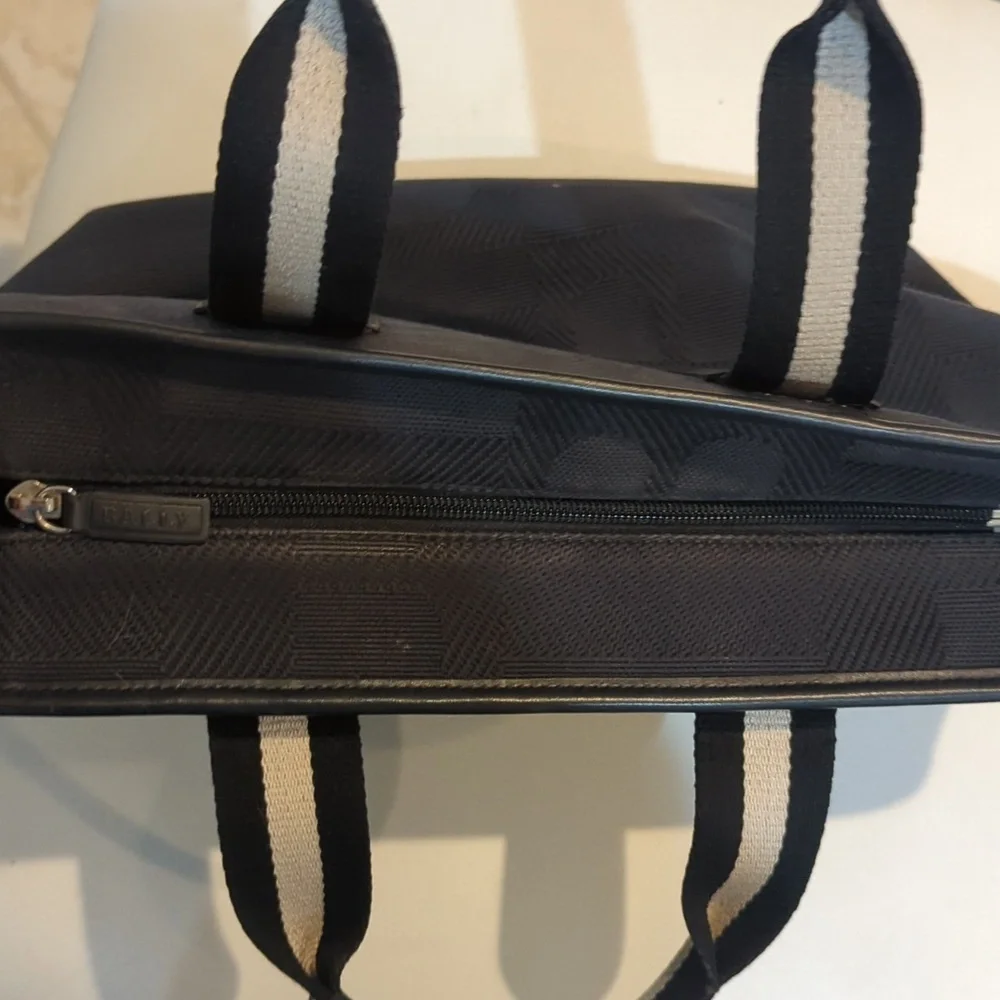 Black Bally canvas tote with black and white canvas handles